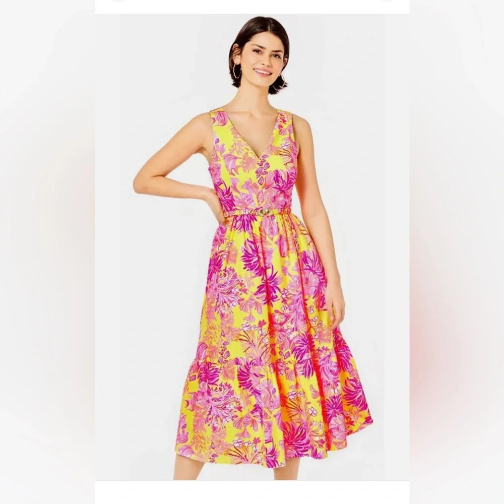 Lilly Pulitzer Bri V-Neck Cotton Midi-Dress - Calla Yellow Floral Coral - Size 4 - Picture 2 of 11